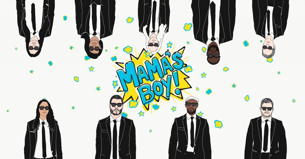 Mama's Boy cast drawn in suits and sunglasses with logo in center