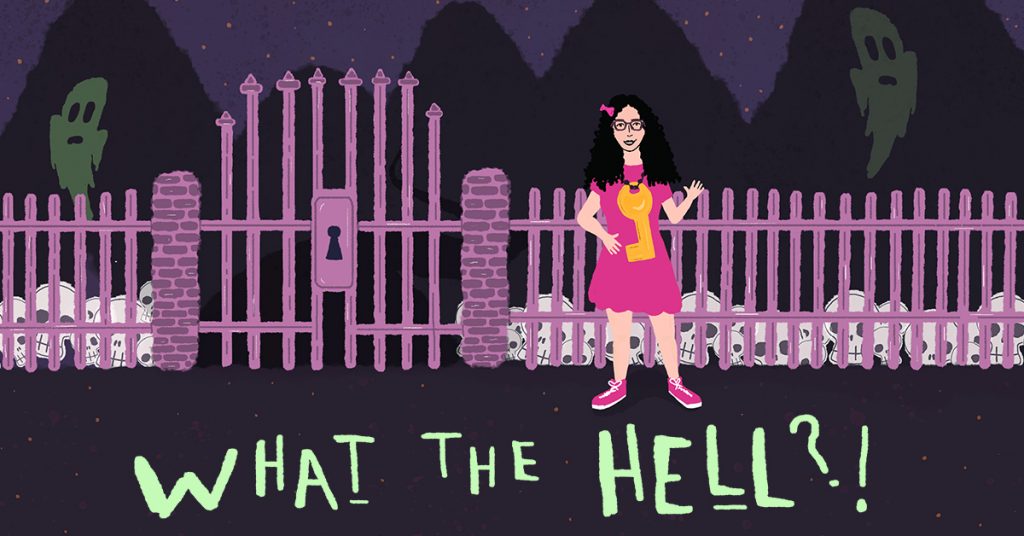 What the Hell illustration with Veronica Venture in front of a fence