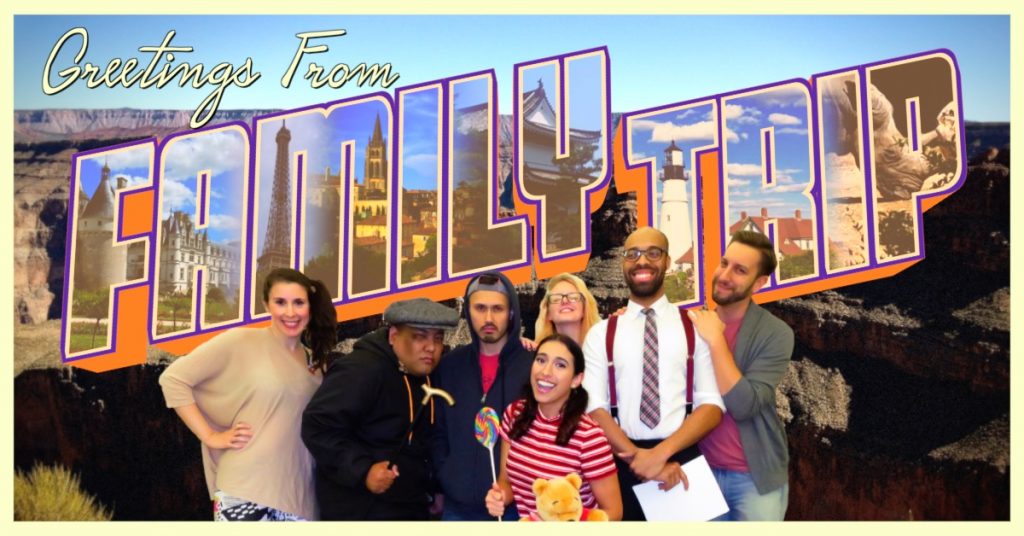 The members of Family Trip posed like a family in front of the Grand Canyon with their name behind them, stylized like an old postcard