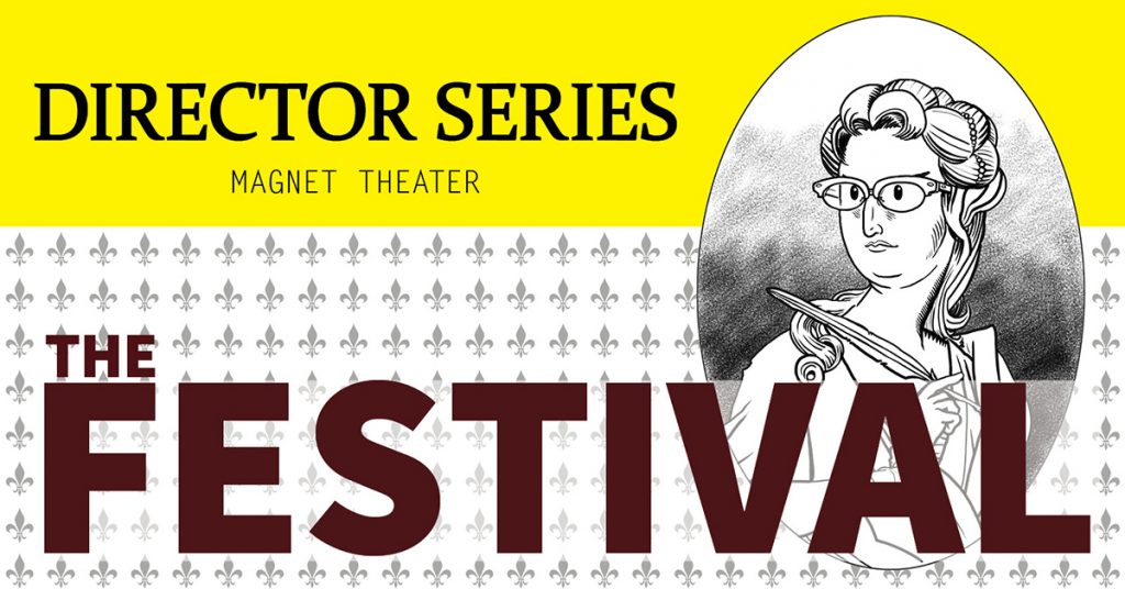 A mock playbill with The Festival written on it and an illustration of a playwright