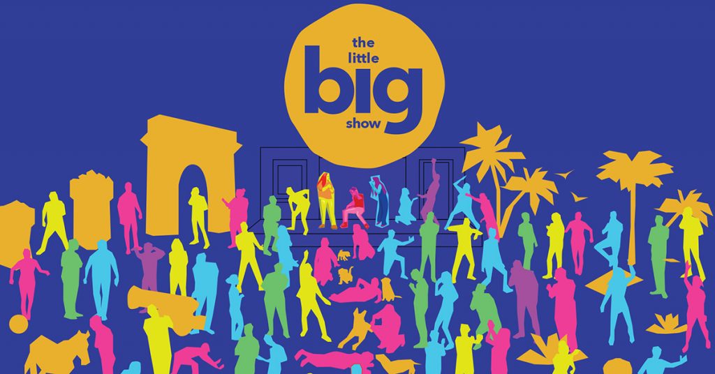 A colorful collection of cartoon characters spreading out from an improv stage, under the words The Little Big Show.
